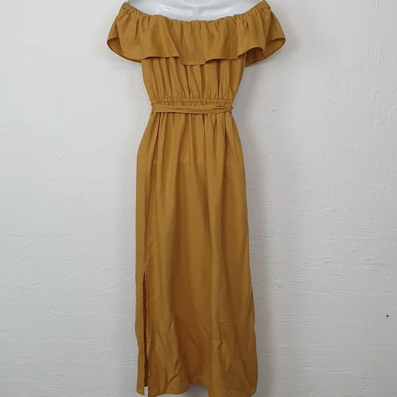 SPORTSGIRL Womens Dress Size 6 Mustard Yellow Off Shoulder Midi with Side Splits - Picture 3 of 4